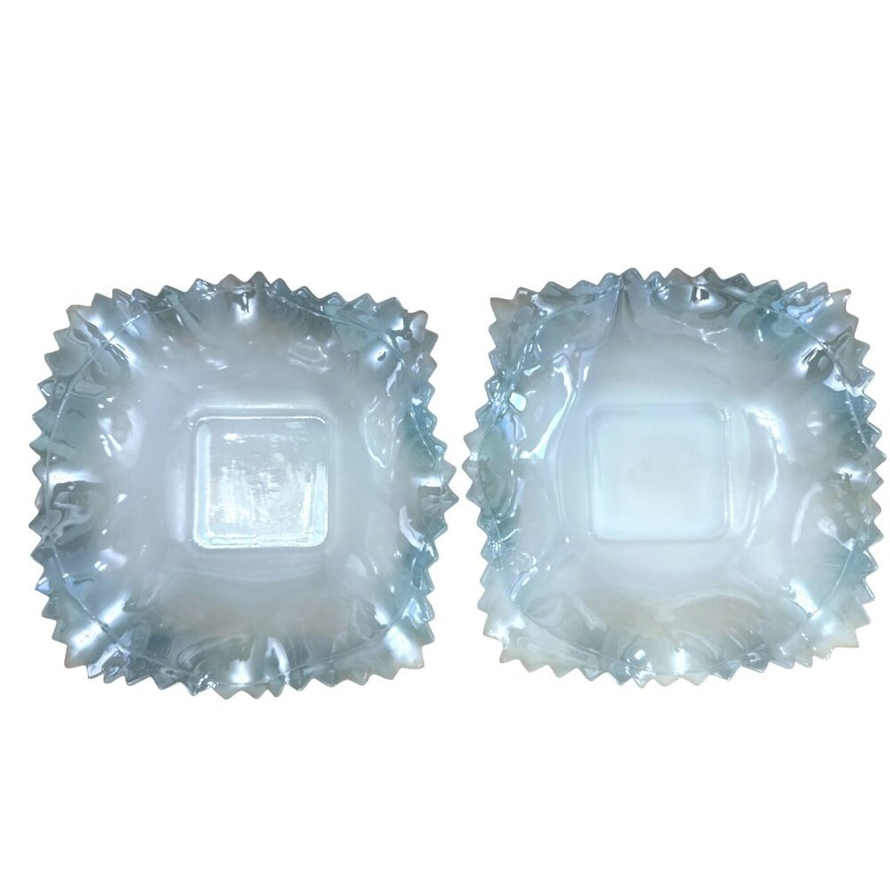 TWO Vintage Indiana Glass Opaque Blue Diamond Point Iridescent Milk Glass Dish